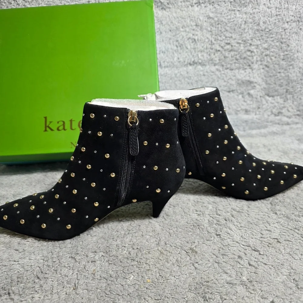 Kate Spade Starr Black Suede Studded Pointed Toe Kitten Heel‎ Ankle Boots 6M NEW